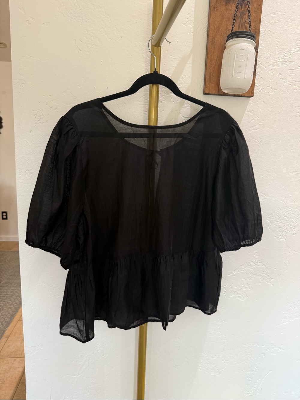 American Eagle Outfitters Black Sheer Puff-Sleeve Peplum Top